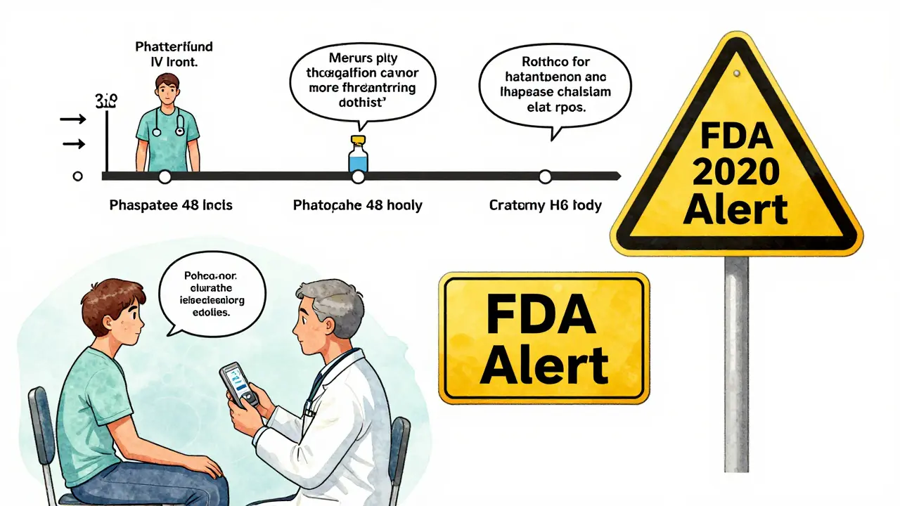 Patient receiving IV iron followed by phosphate crash timeline, clinician checking electrolytes with handheld device.