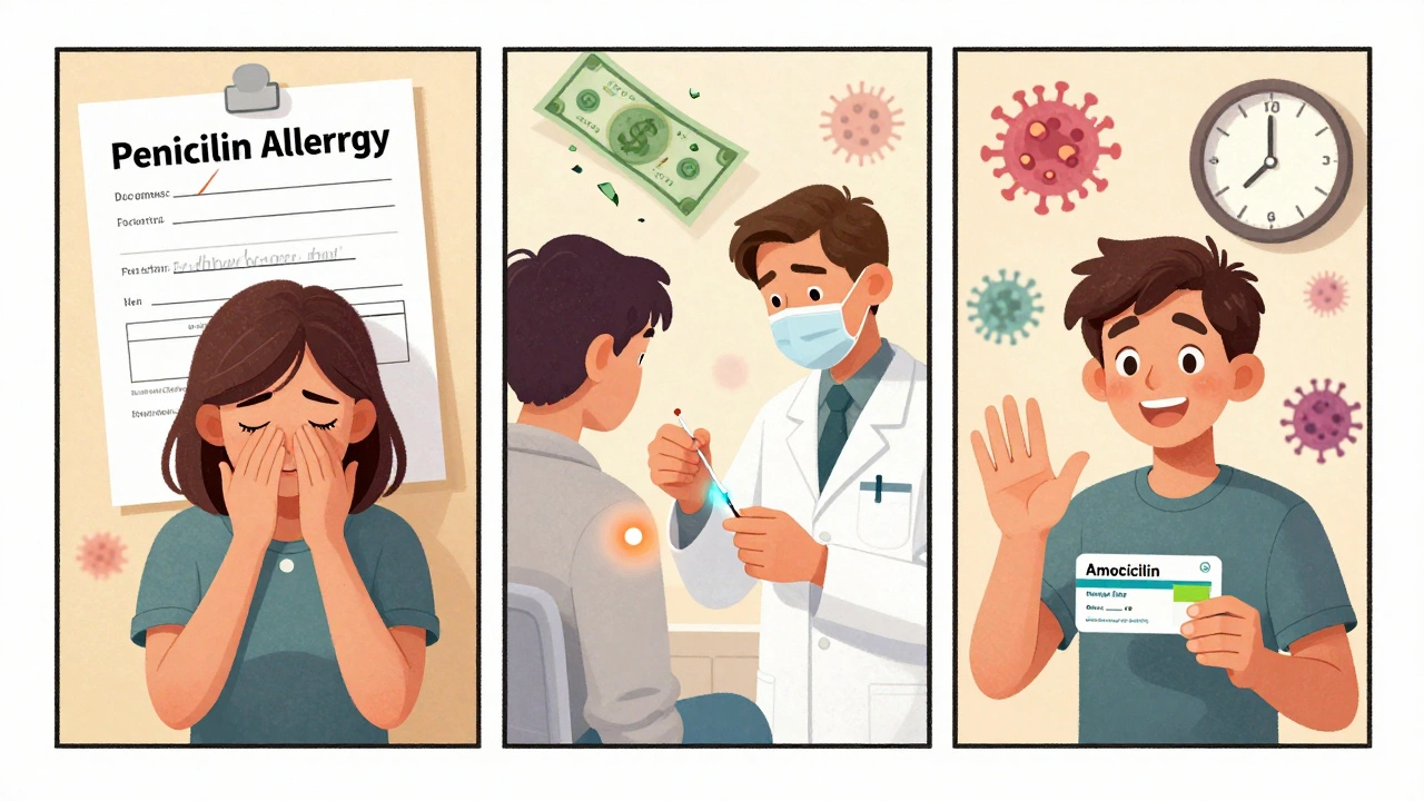 Patient removing allergy label, getting tested, and safely taking antibiotic with positive outcome