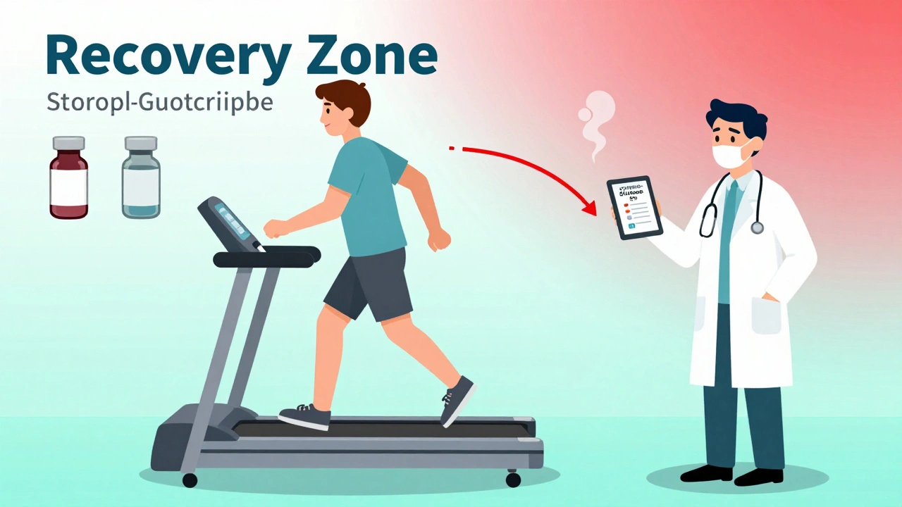 Patient stepping out of steroid effects into recovery, insulin dissolving, glucose levels dropping with app visible.