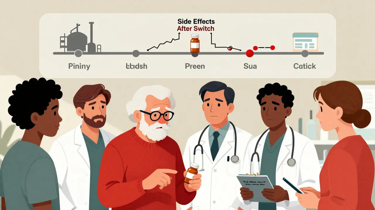 Patients and doctors discuss side effects after switching generics, with a blockchain timeline tracing a drug's journey.