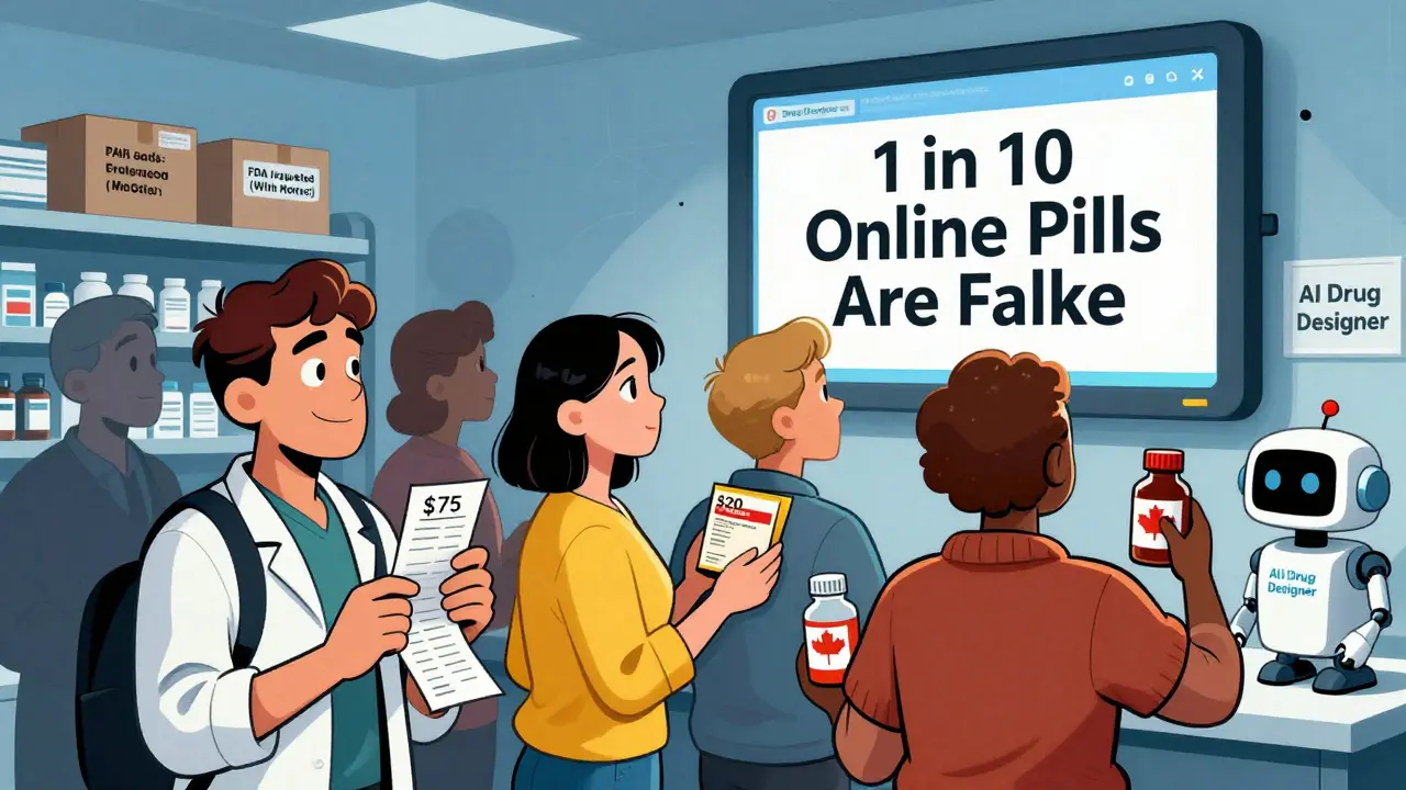 Patients from different countries holding generics at a pharmacy, facing a warning about fake online drugs in comic illustration style.
