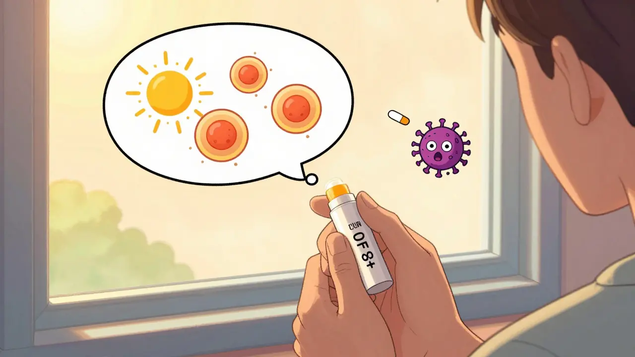 Person applying sunblock as UV rays and virus shrink in a cartoon thought bubble.