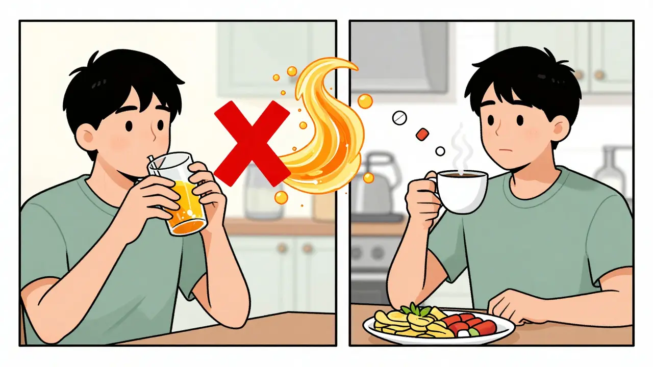 Person drinking orange juice with a blocked absorption effect next to someone taking antihistamine with no issues.