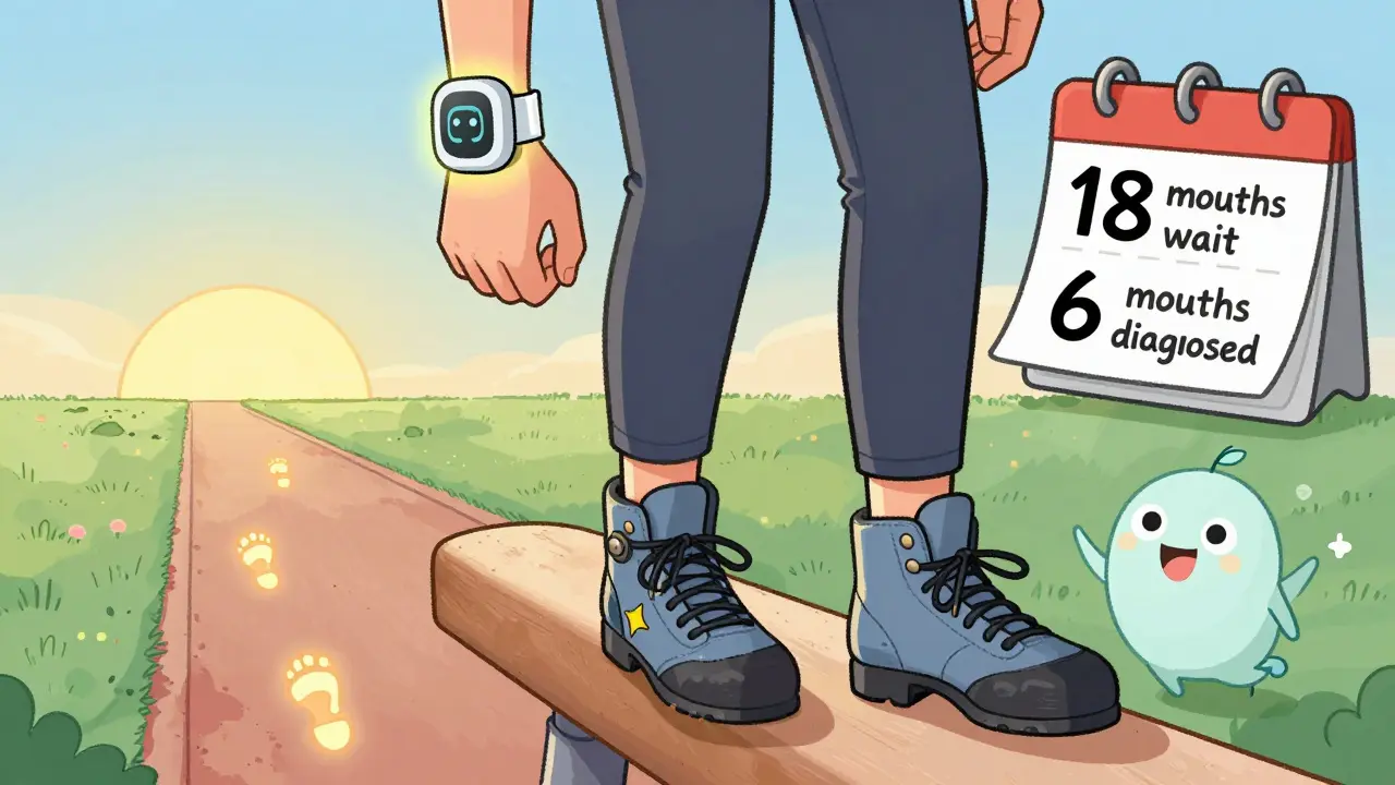 Person walking confidently on a balance beam with wearable nerve stimulator and glowing footprints leading to sunrise.