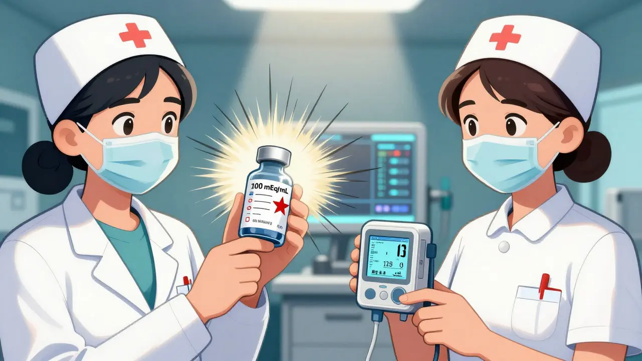 Pharmacist and nurse comparing independent checks of high-concentration potassium vial and IV pump settings.