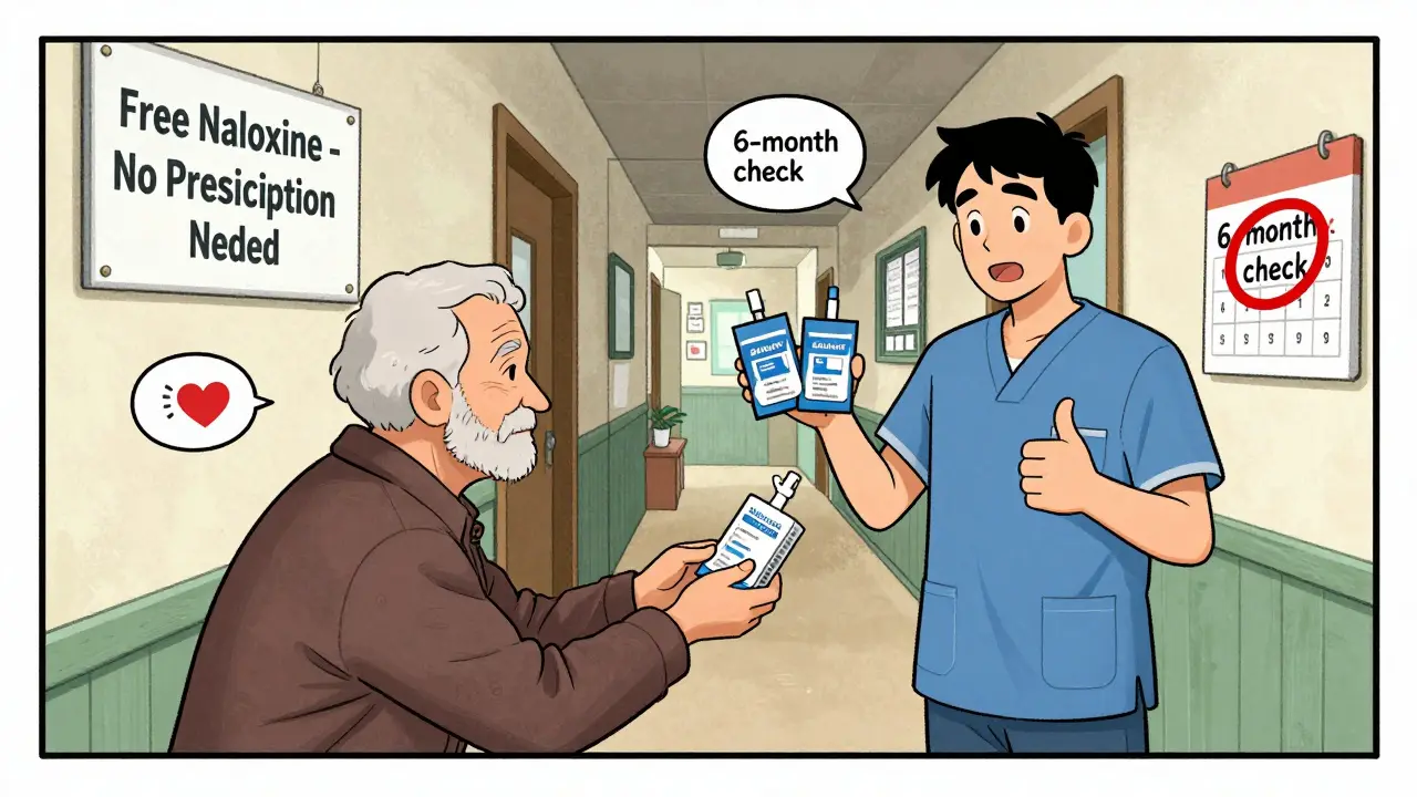 Pharmacist giving free naloxone kit to elderly patient in clinic