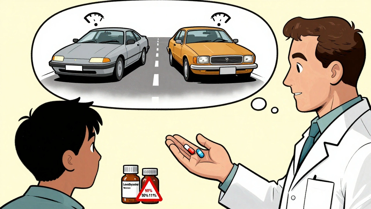 Pharmacist giving generics to a patient, with a car analogy thought bubble showing equal performance.