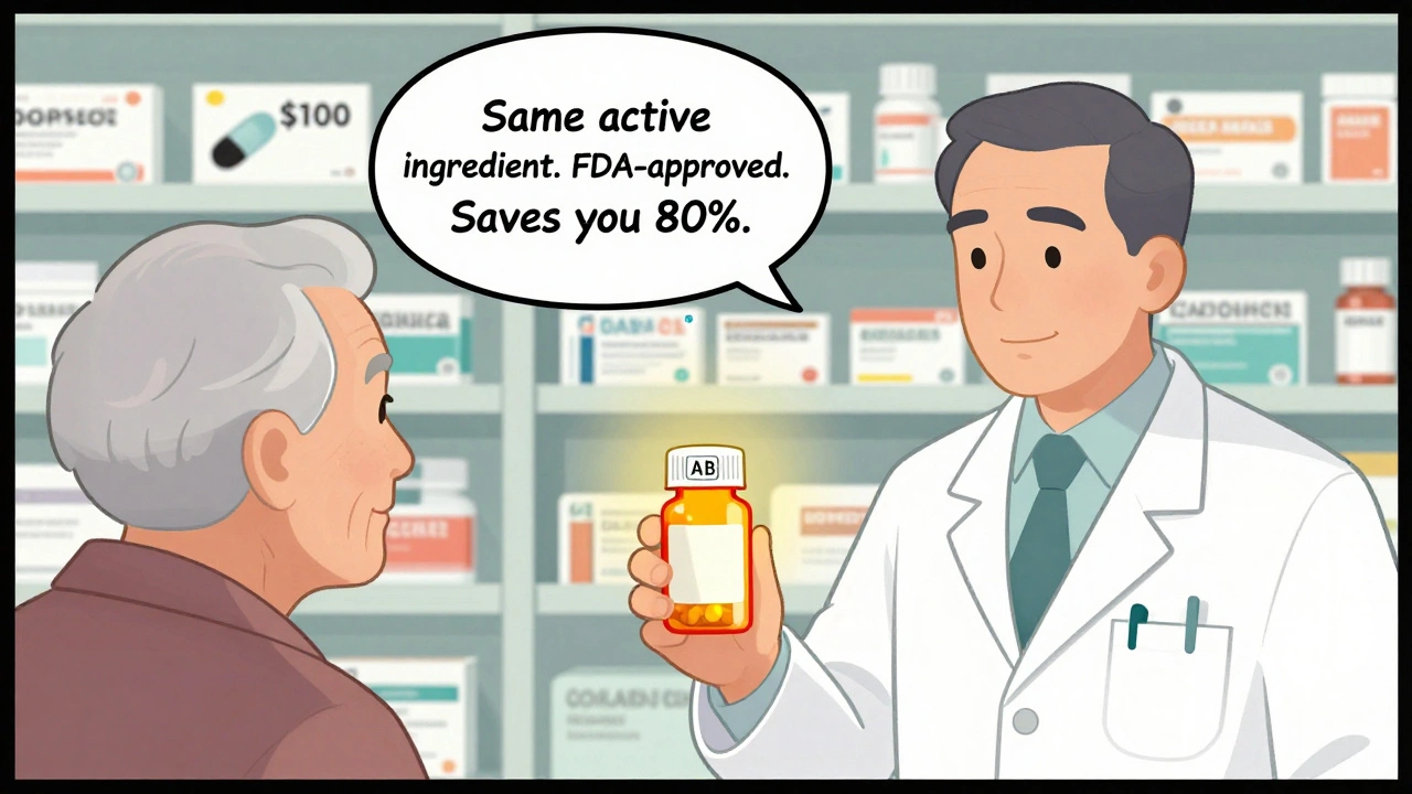 Pharmacist hands patient a generic pill bottle with clear explanation about FDA approval and cost savings.