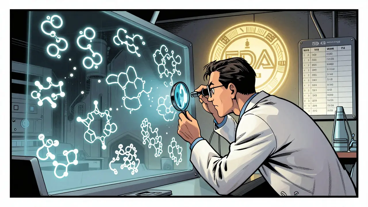 Scientist examining a molecular map with FDA seal in background, lab setting in bande dessinée style.