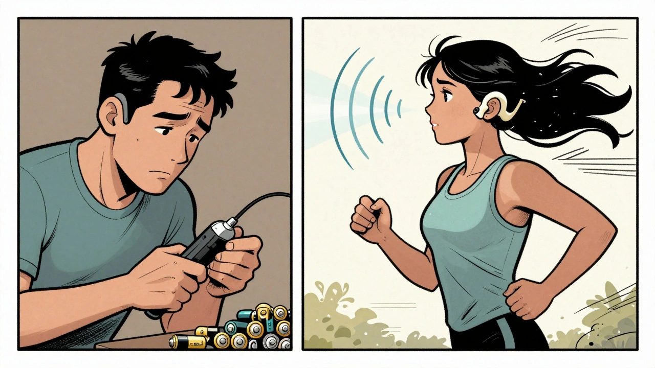 Side-by-side comparison: one person struggling with CROS batteries, another enjoying freedom with a bone-anchored device while jogging.