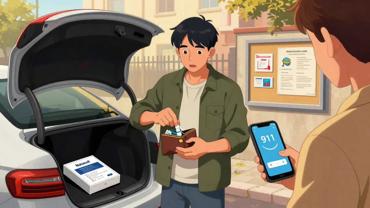 Someone retrieves a naloxone kit from their wallet beside a car, with a second kit visible in the glovebox.