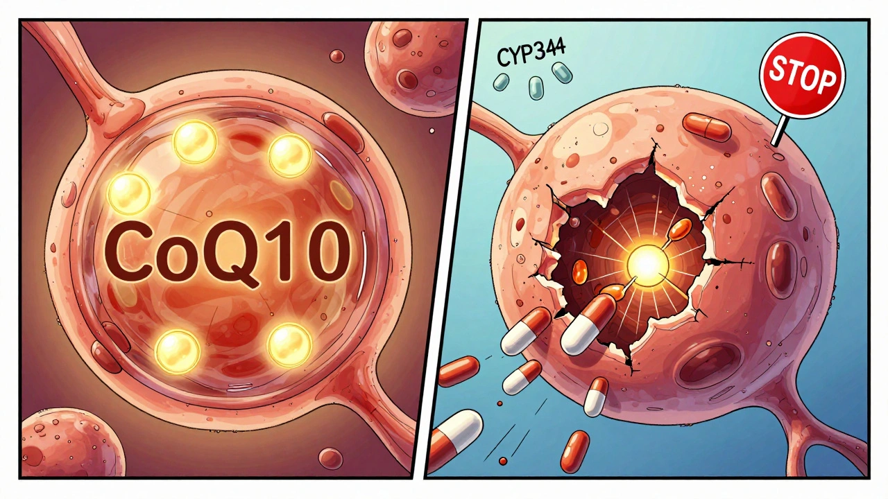 Split illustration of healthy vs. damaged muscle cells under statin effects, with key proteins shown.