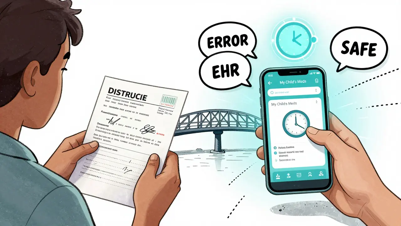Split image showing paper medication confusion vs. digital health system sync.