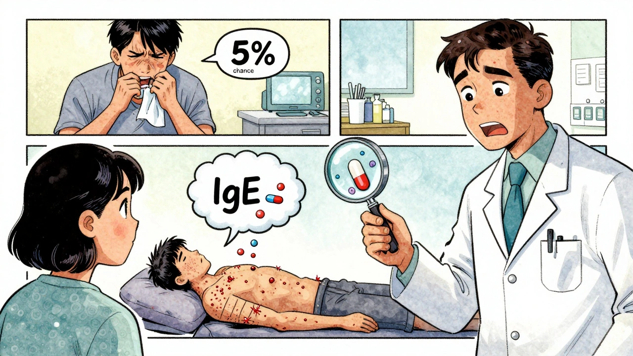 Split image showing side effect vs allergic reaction to penicillin with immune cells and symptoms