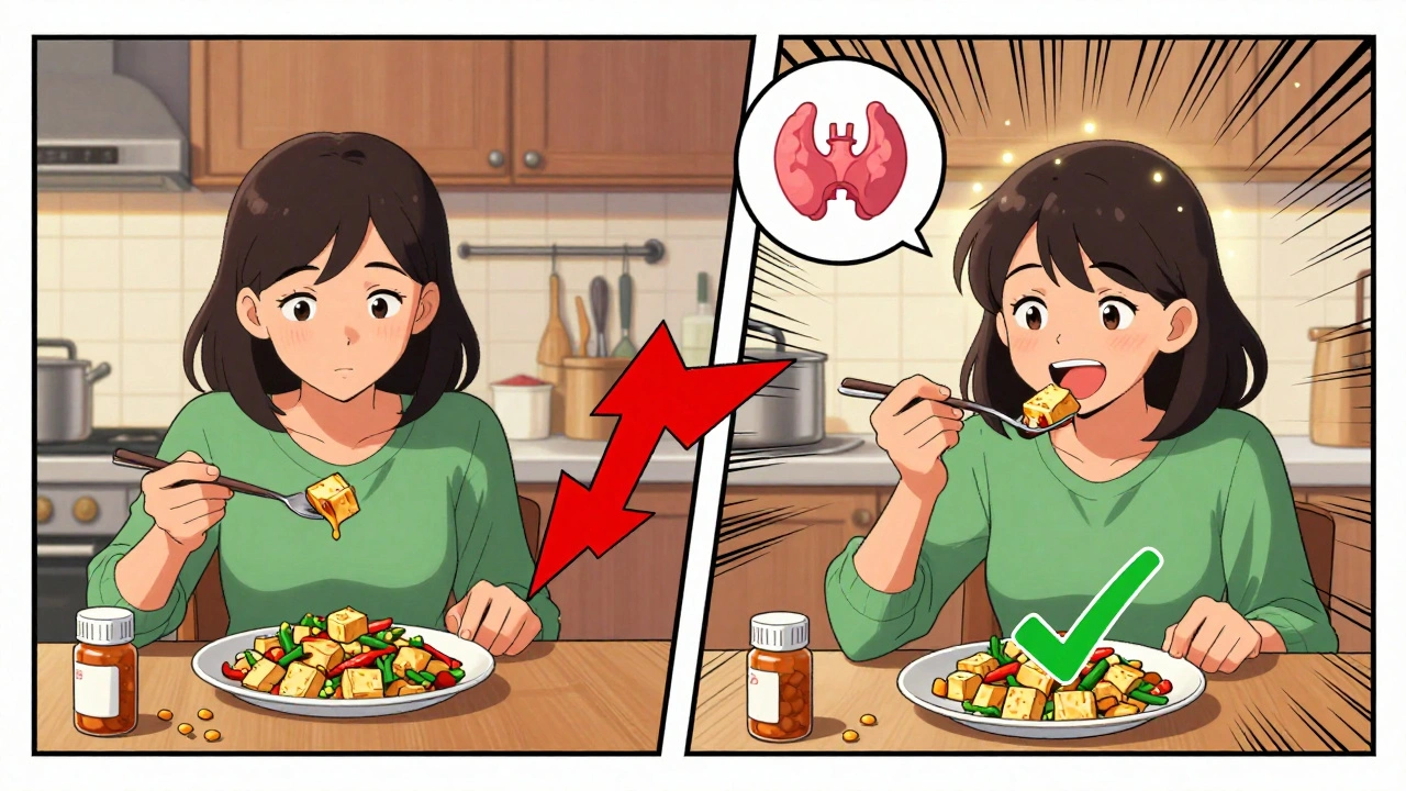 Split scene showing soy eaten too soon versus safely after waiting, with blood test results improving.