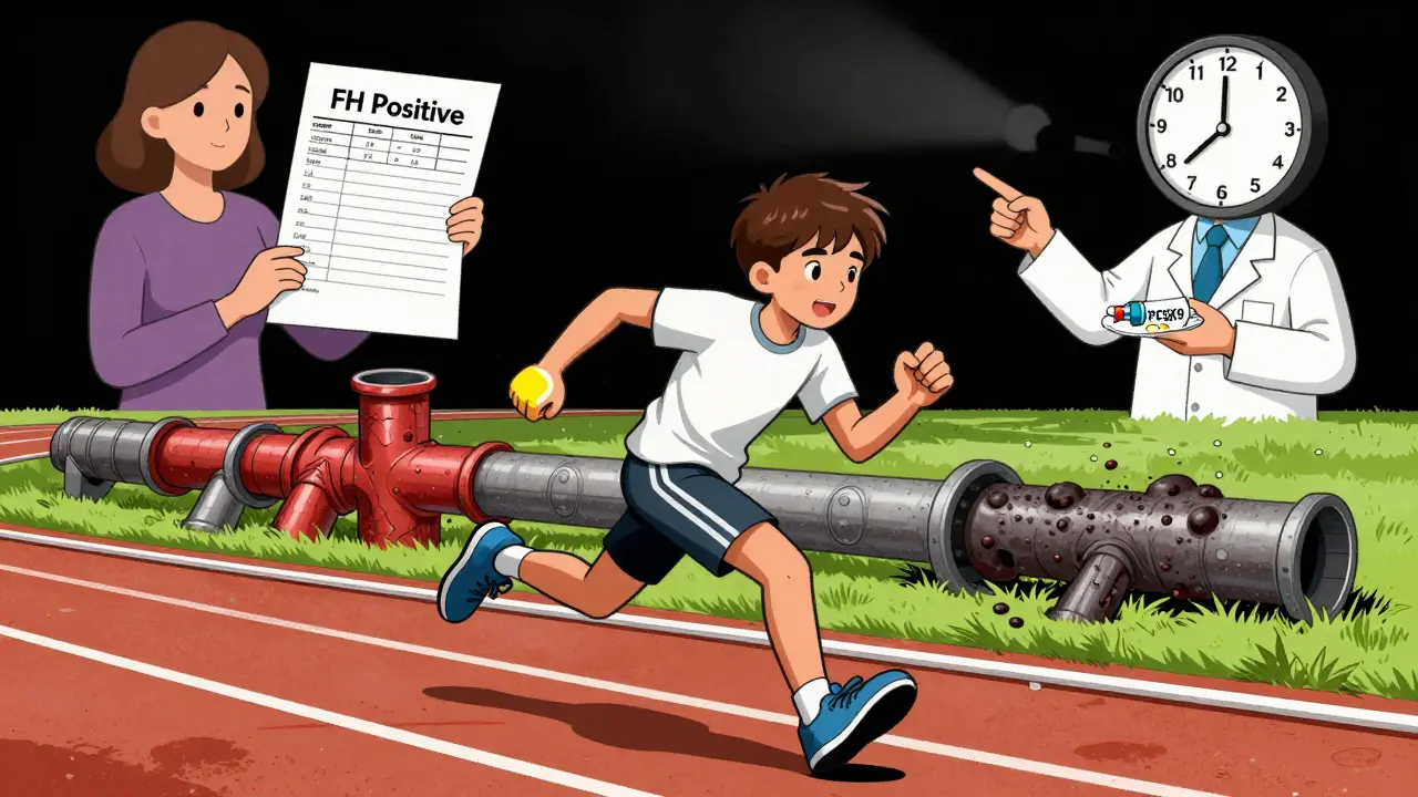 Teen runner with clogged arteries and xanthomas, holding a positive FH test result