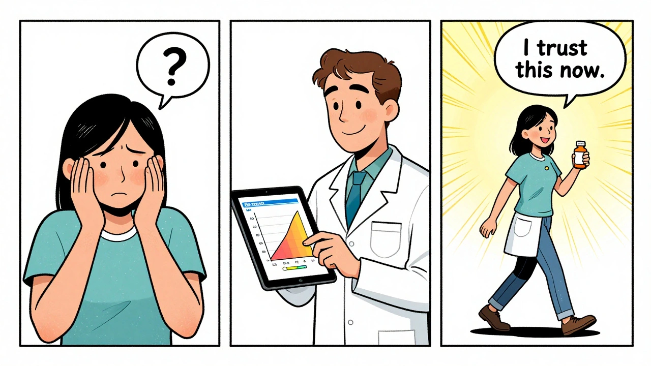 Three-panel comic showing patient&#039;s journey from doubt to trust in generic medication through clinician guidance.