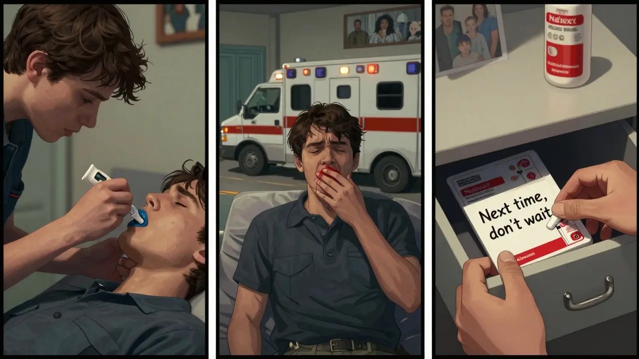 Three-panel scene showing naloxone use, EMS arrival, and safe storage of a replacement kit in a bedside drawer.