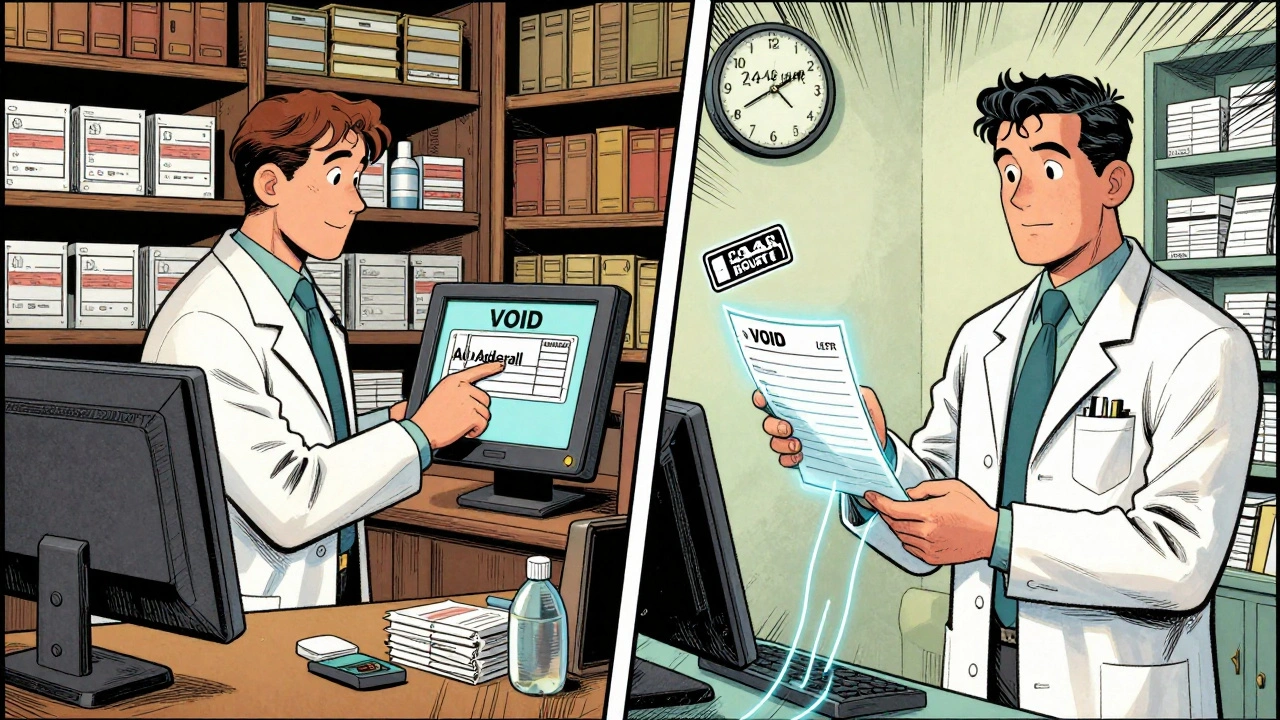 Two pharmacists exchanging a controlled substance prescription electronically, with a &#039;1 Transfer Left&#039; stamp visible.