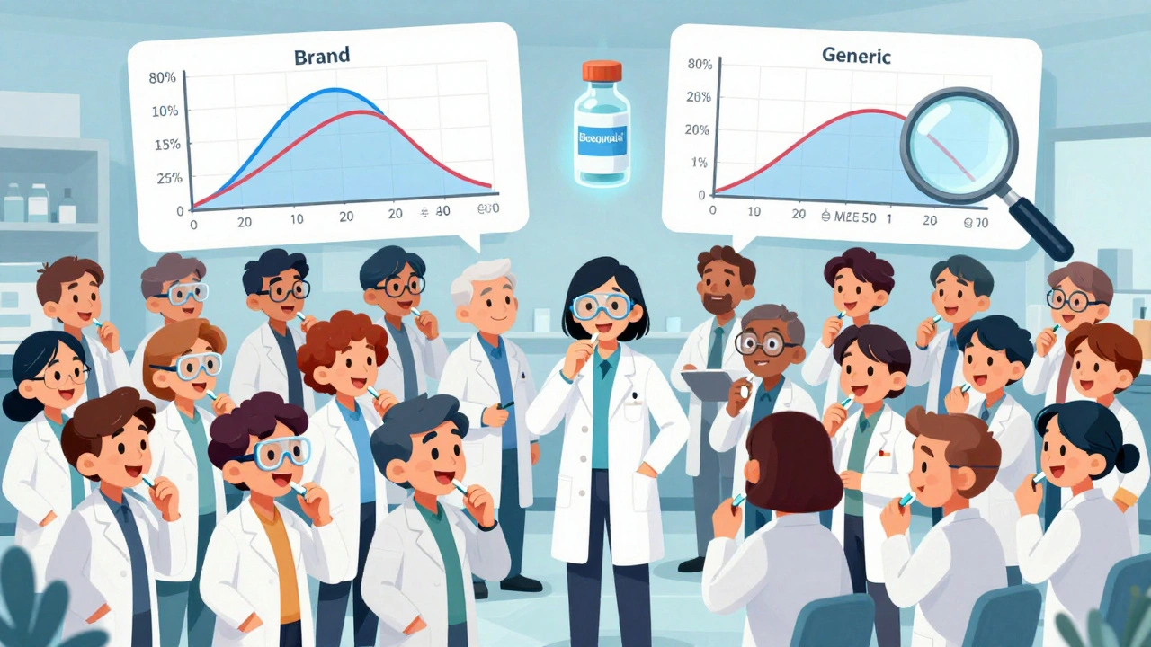 Volunteers in a lab being tested for drug absorption, with overlapping blood concentration graphs.