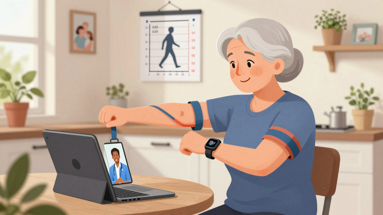 Woman doing home rehab exercises via video call with therapist