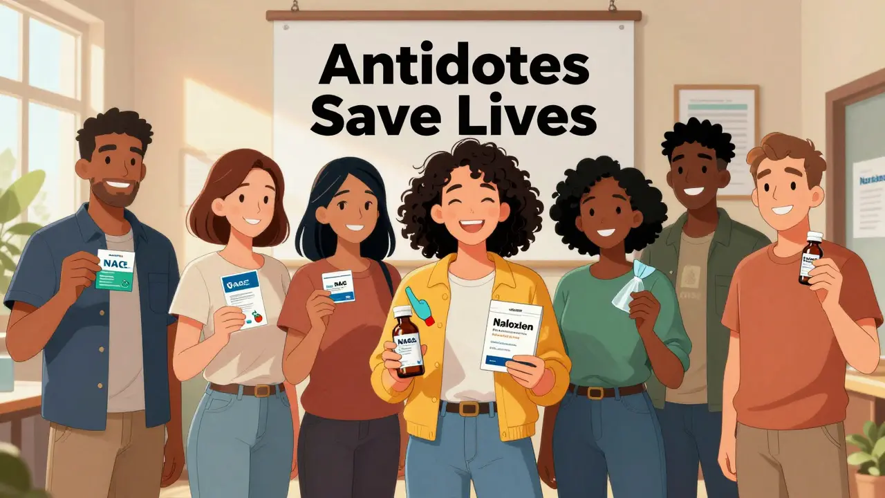 A diverse group holds antidote kits in a community center, with a lifesaving message poster behind them.
