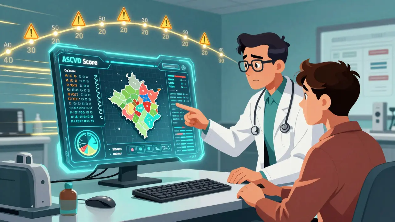 A futuristic heart health dashboard showing ASCVD score, CAC scan, genetics, and lifestyle factors above a clinic desk.