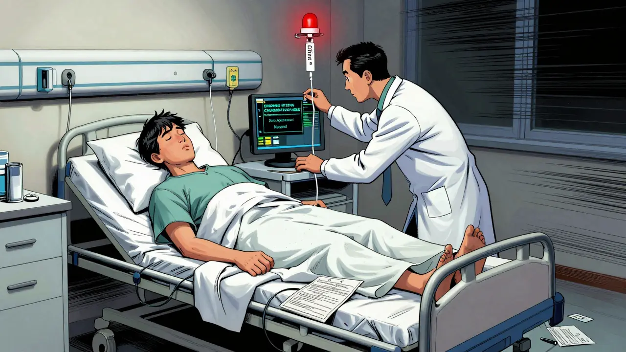 A hospitalized patient on clozapine experiences toxicity after quitting smoking, with doctors rushing to adjust treatment.
