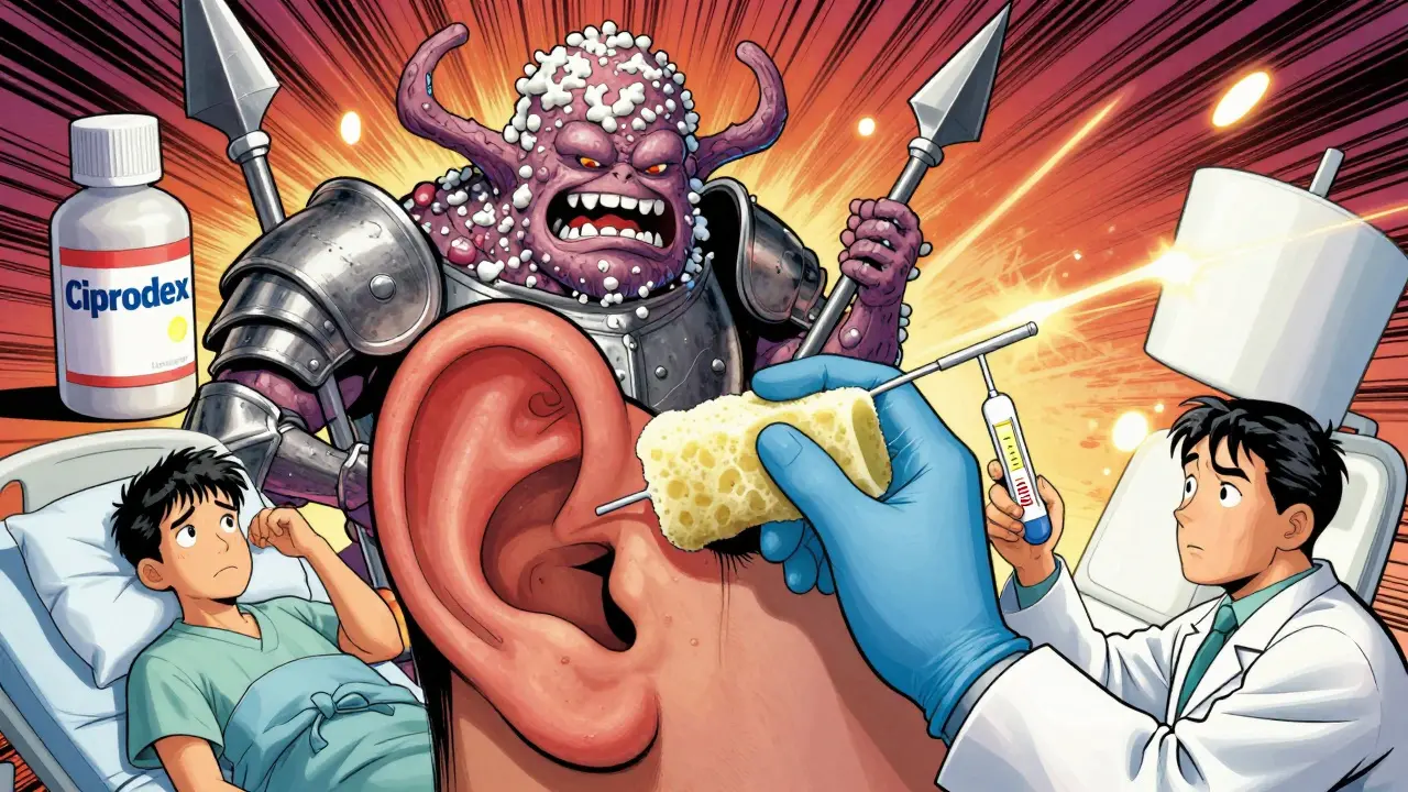A knight-like ear wick fighting a fungal monster in a swollen ear canal, with medicine bottles as heroic tools in the background.