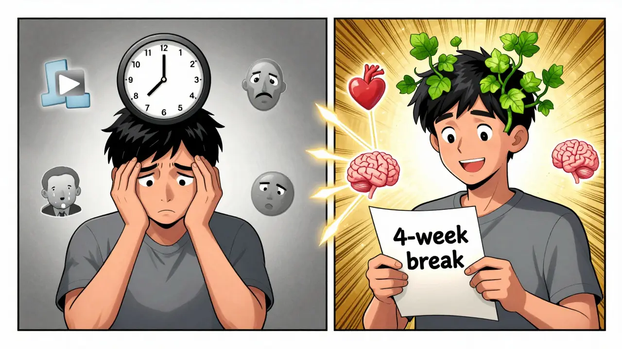 A person transitions from confusion to recovery, with brain vines growing as they hold a doctor's note.