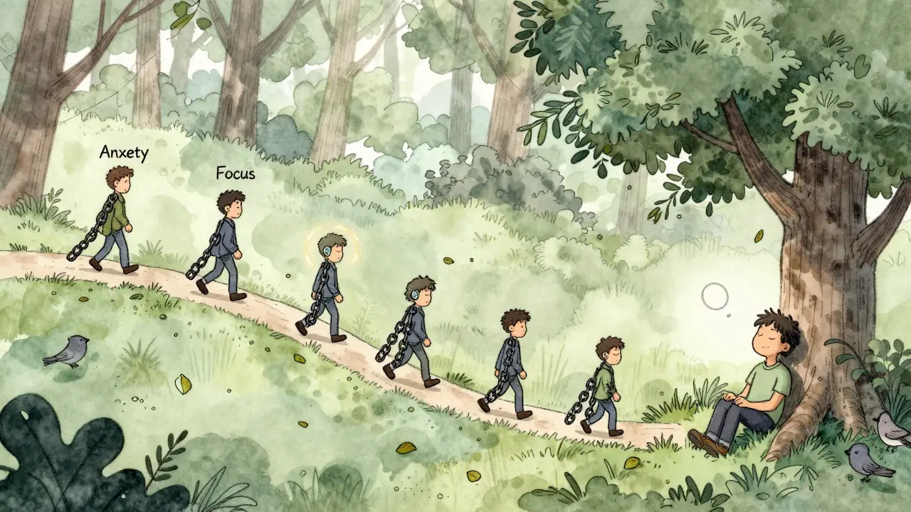 A person walks a year-long path from distress to peace, leaving anxiety behind as tinnitus fades into nature.