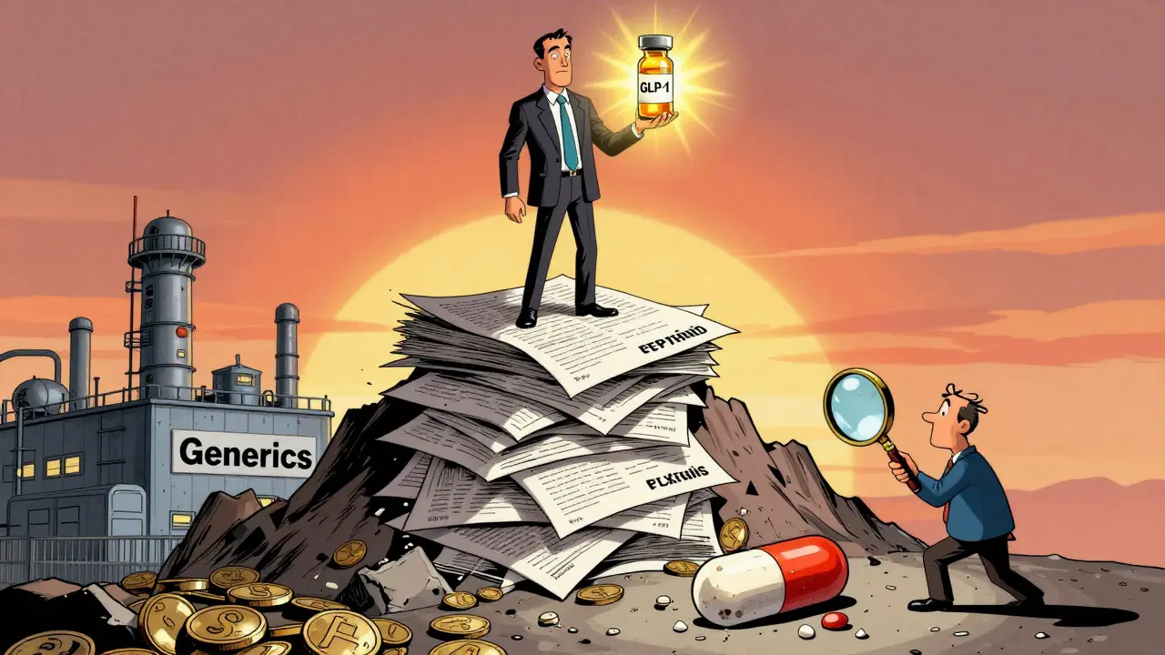 A pharmaceutical executive holds a new high-priced drug as a generic factory crumbles below.