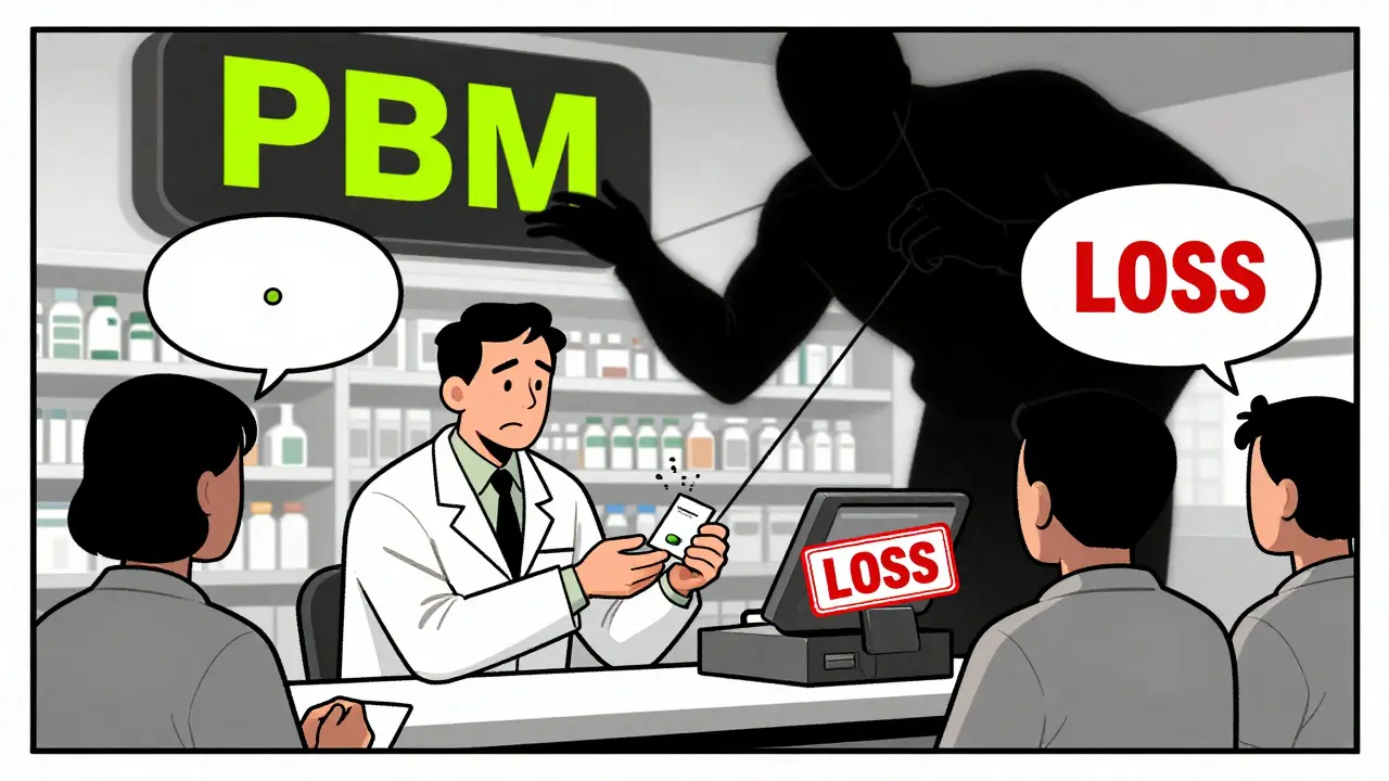 A pharmacist gives a generic pill to a customer while a shadowy PBM pulls strings that lower the reimbursement.