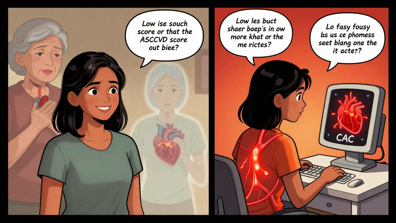 A South Asian woman with a low risk score, but a ghostly figure of her grandmother with heart disease behind her.