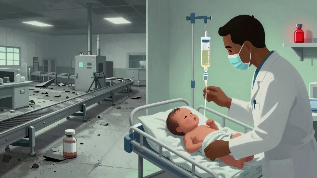 Abandoned drug factory in Puerto Rico contrasts with a newborn receiving diluted IV solution in NICU.