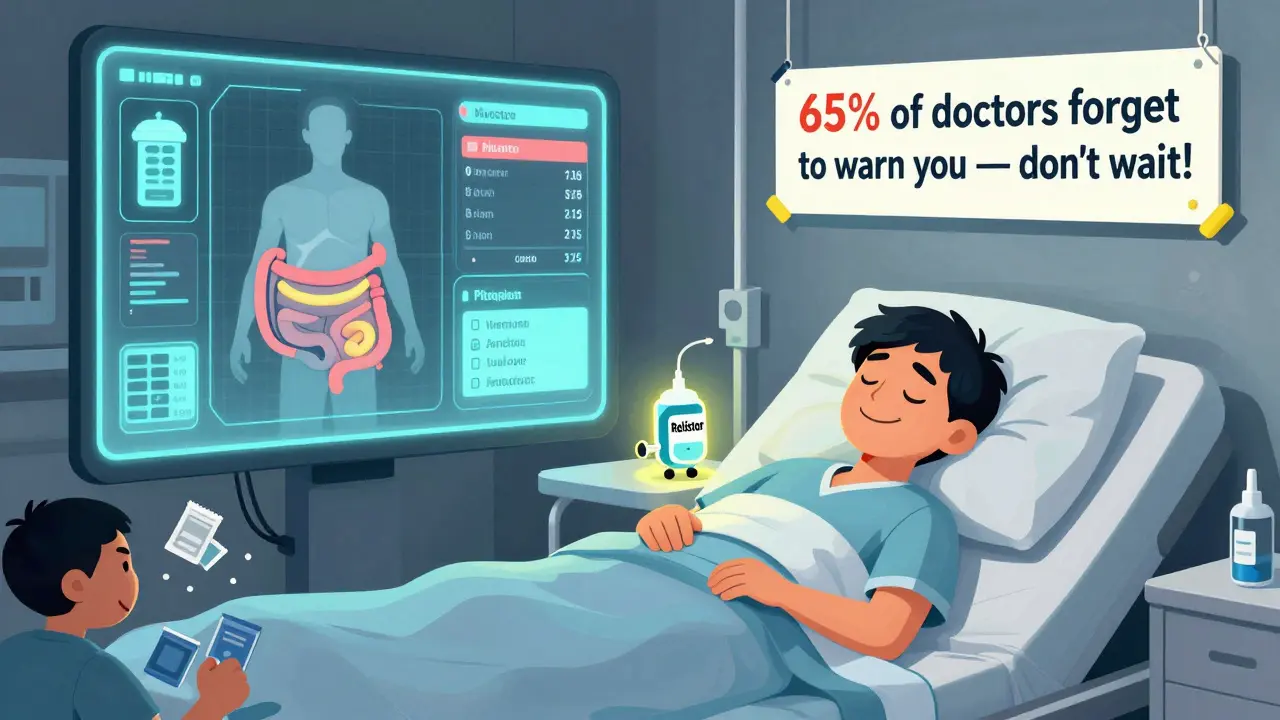 An AI system auto-prescribes preventive laxatives for an opioid patient, who sleeps peacefully with a glowing Relistor syringe nearby.