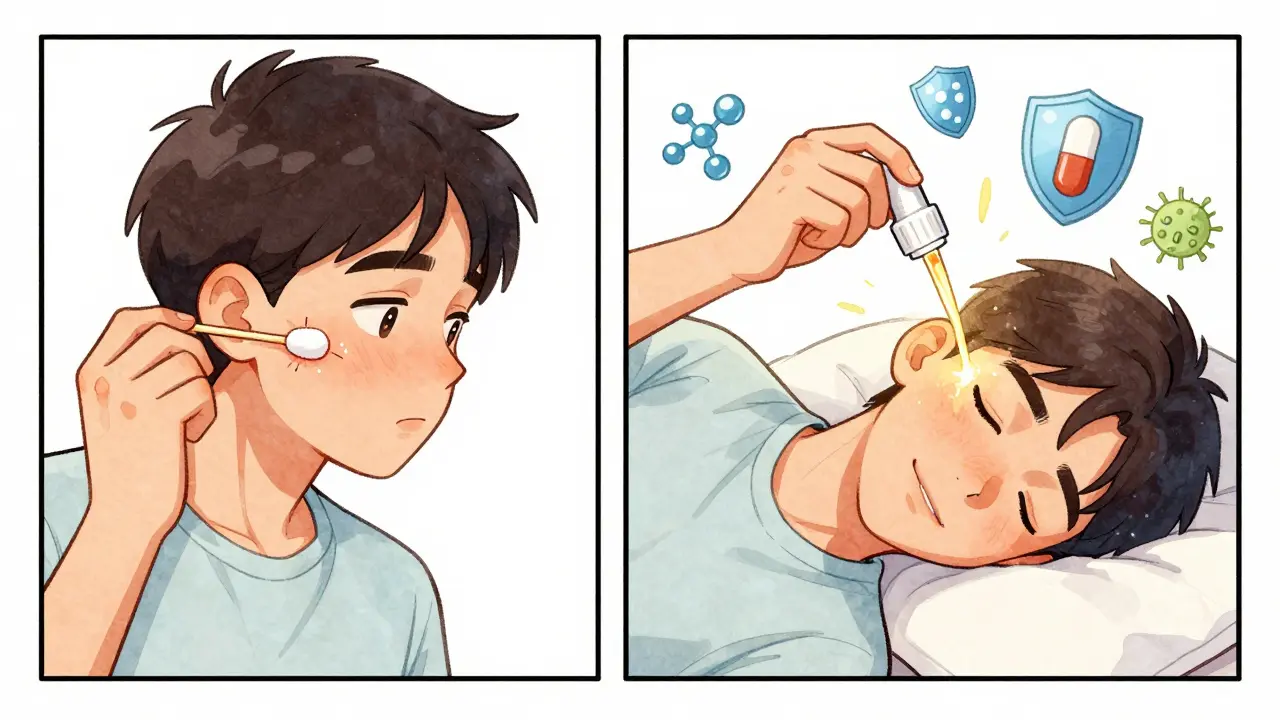 Correct vs incorrect ear care: one person using a cotton swab dangerously, another properly applying ear drops with healing light.