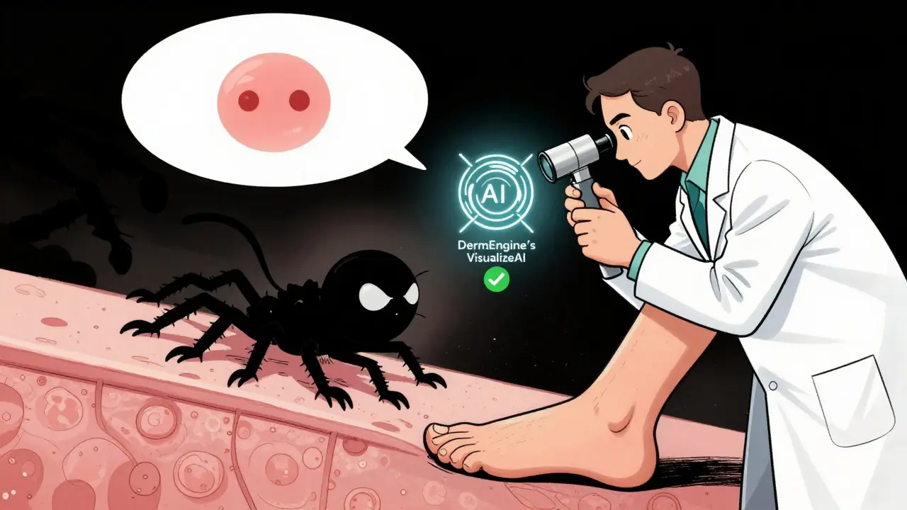 Dermatologist examining a foot with a dermoscope, hidden melanoma visible only through the device.