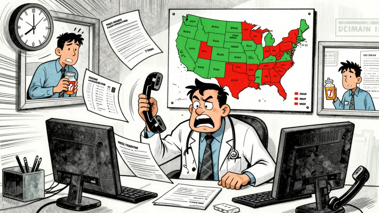 Doctor overwhelmed by prior authorization forms, while a U.S. map shows approval delays by state.