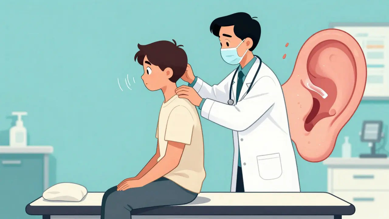 Doctor performing Dix-Hallpike test on patient, with magnified inner ear showing crystals moving in a semicircular canal.