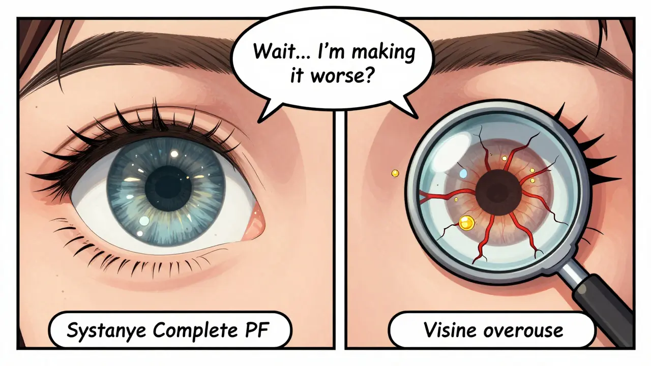 Healthy eye with tear film next to damaged eye with constricted blood vessels, shown under magnifying glass.