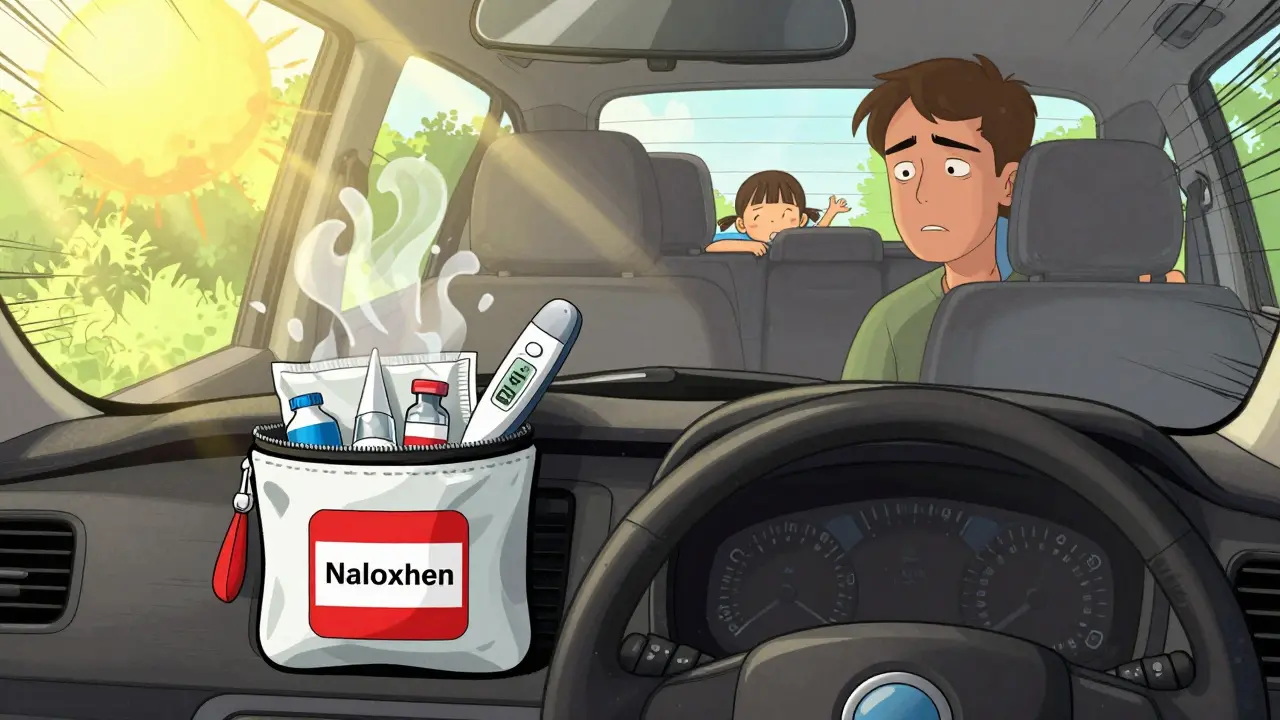 Insulated emergency med pouch in a hot car with thermometer showing high temperature, parent concerned.