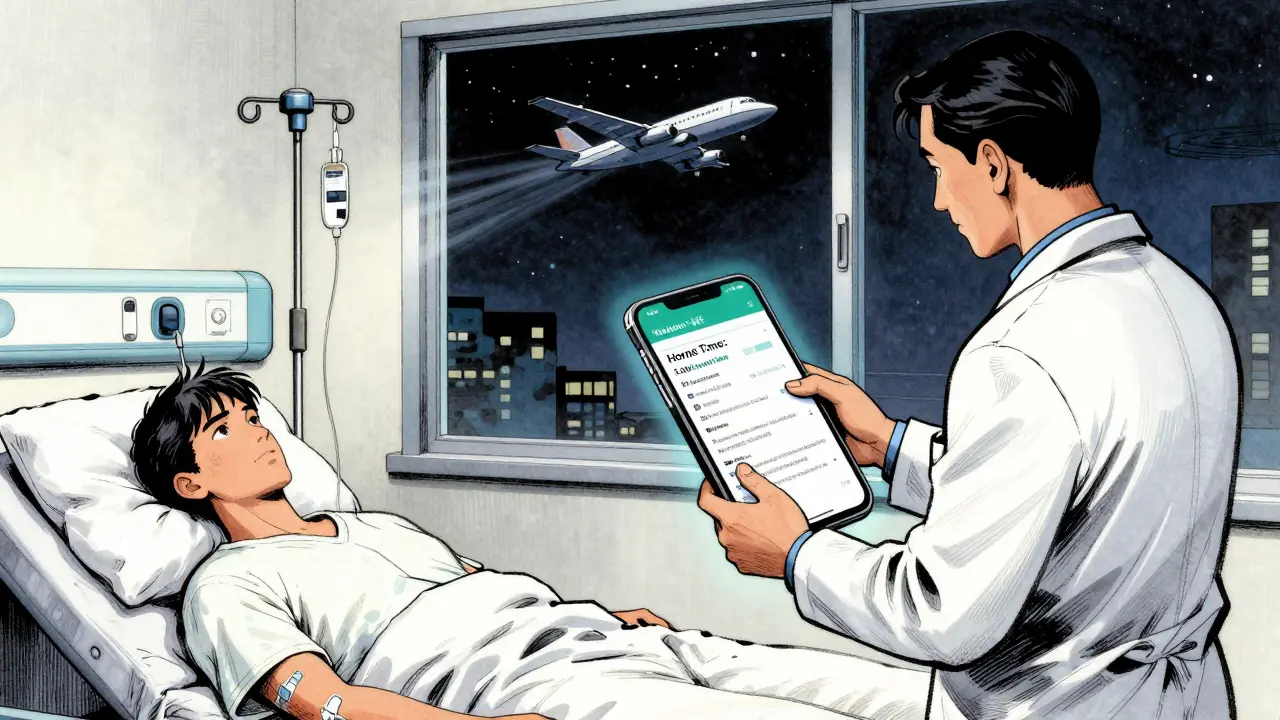 Patient in emergency room with doctor holding medication list, smartphone showing home-time alarm.