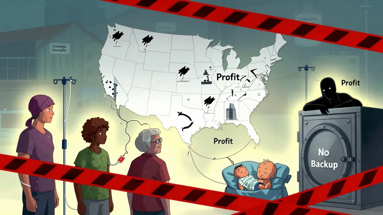 Patients connected by fraying IV lines to broken supply map, with storm icons over manufacturing sites.