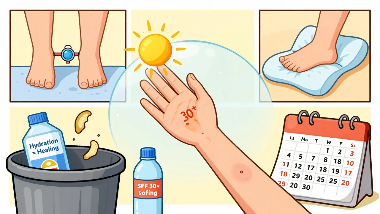 Person applying sunscreen to healing wound, scab falling off naturally, hydration and care emphasized.
