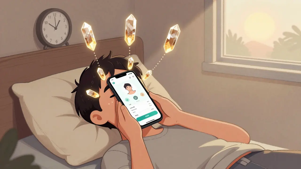 Person doing Epley maneuver at home with phone app guide, crystals moving back to correct position in inner ear.