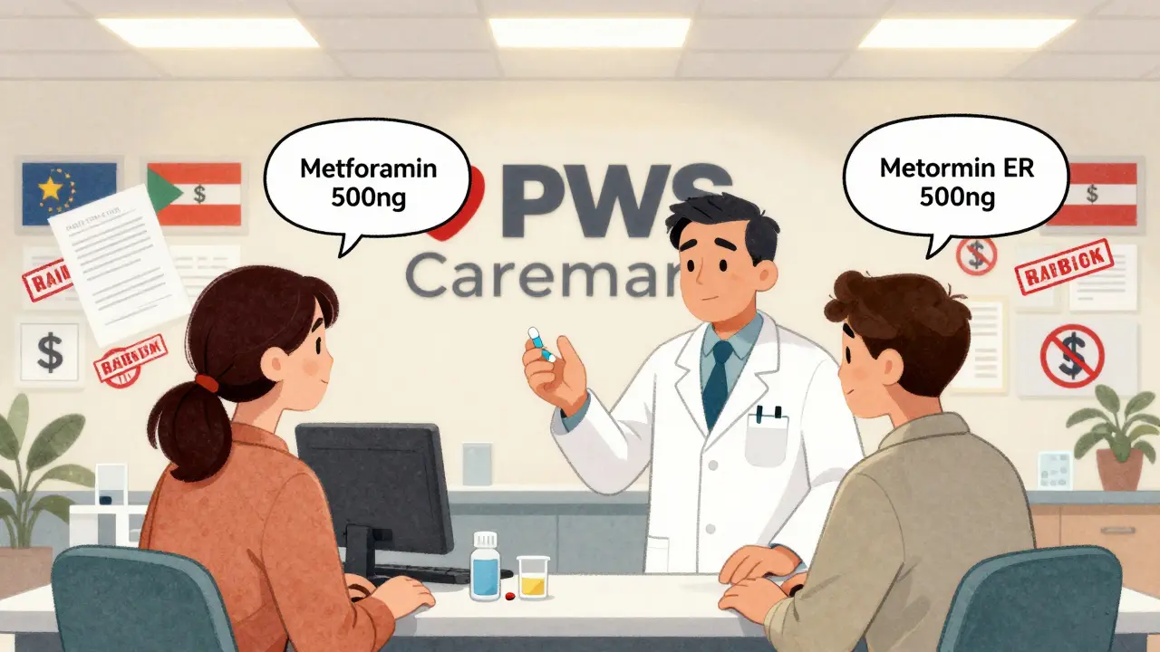 Pharmacist giving two different generic pills to patients, with a PBM logo looming and state-based pricing differences visible.