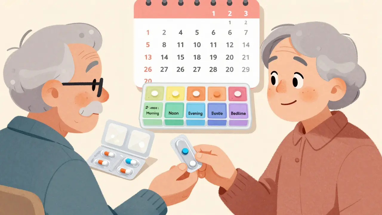 Pharmacist handing a simplified weekly pill pack to a patient with a calm, reassuring expression.