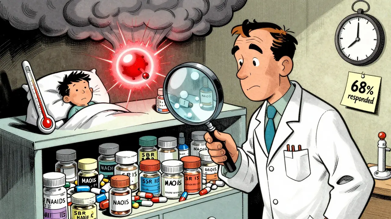 Pharmacist using a magnifying glass to spot dangerous drug combinations in a cabinet.
