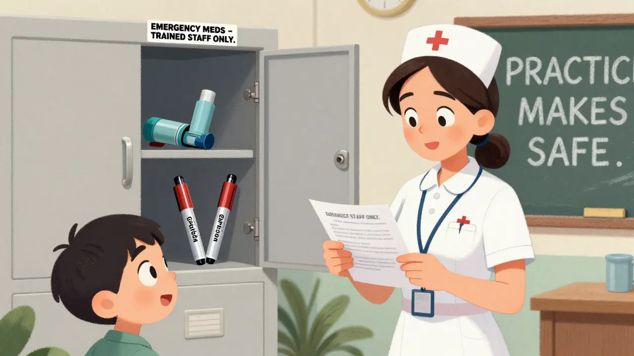 School nurse’s locked cabinet with emergency meds and instruction card, teacher demonstrating use to student.
